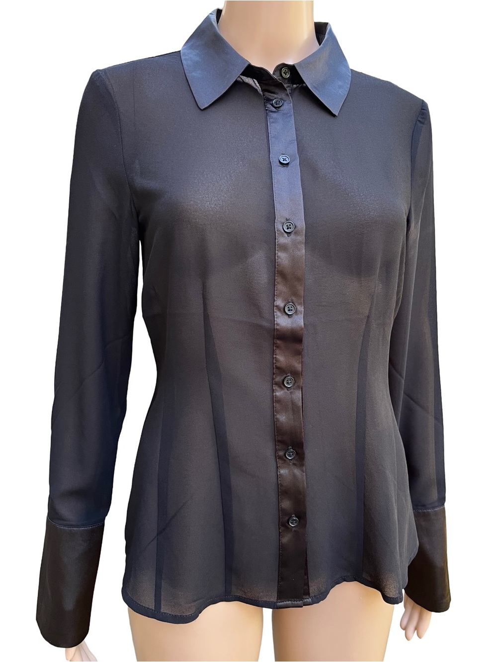 Black Tape Sheer Satin Trim Fitted Blouse S NWOT
